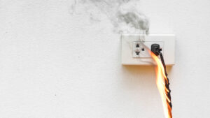 fire prevention - cord on fire in outlet - REInsurePro